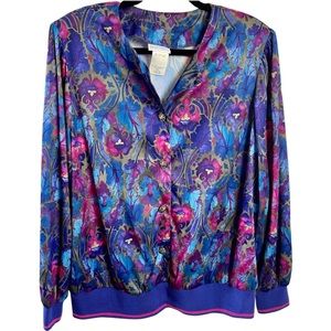 Ladies vintage silky cardigan funky blue and pink print, size L/ XL